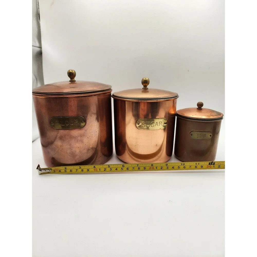 Vintage Copper Kitchen Canister Set Flour Sugar Tea Brass Labels